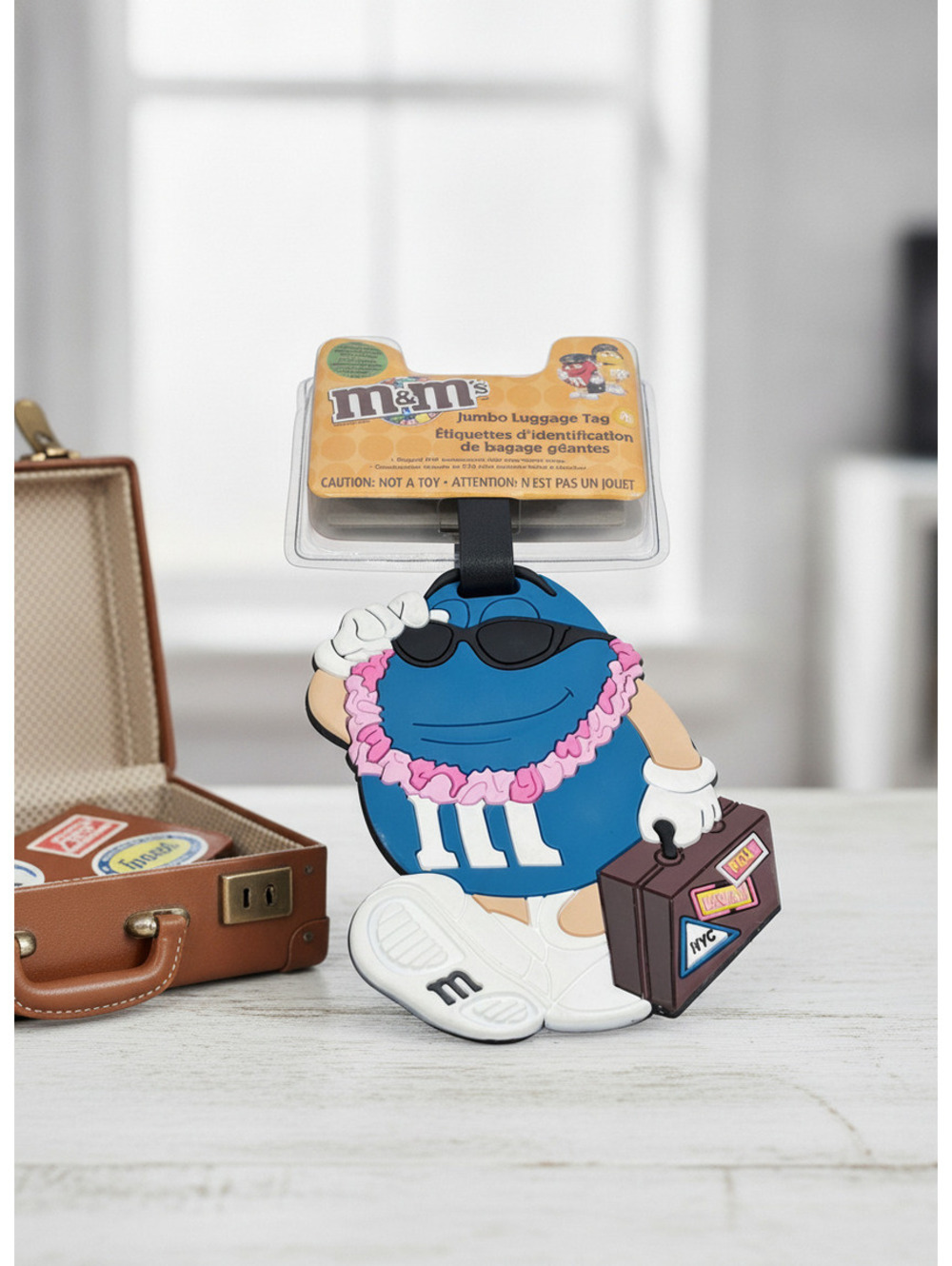M&M's Jumbo Luggage Tag Blue Character with Sunglasses and Suitcase